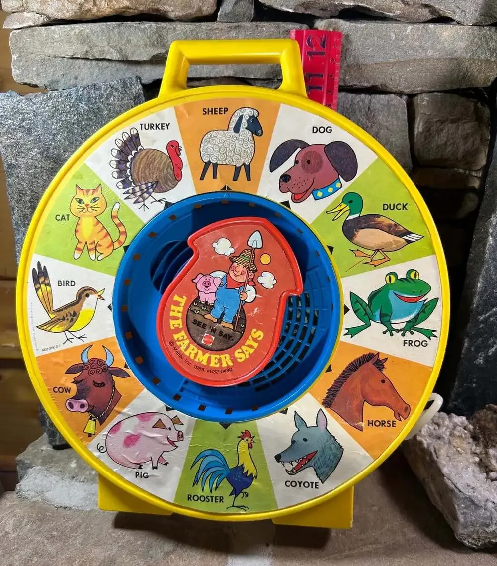 Vintage See’ N Say Mattel 80s Farmer Says String Pull Toy w/ Animal Noises-Work